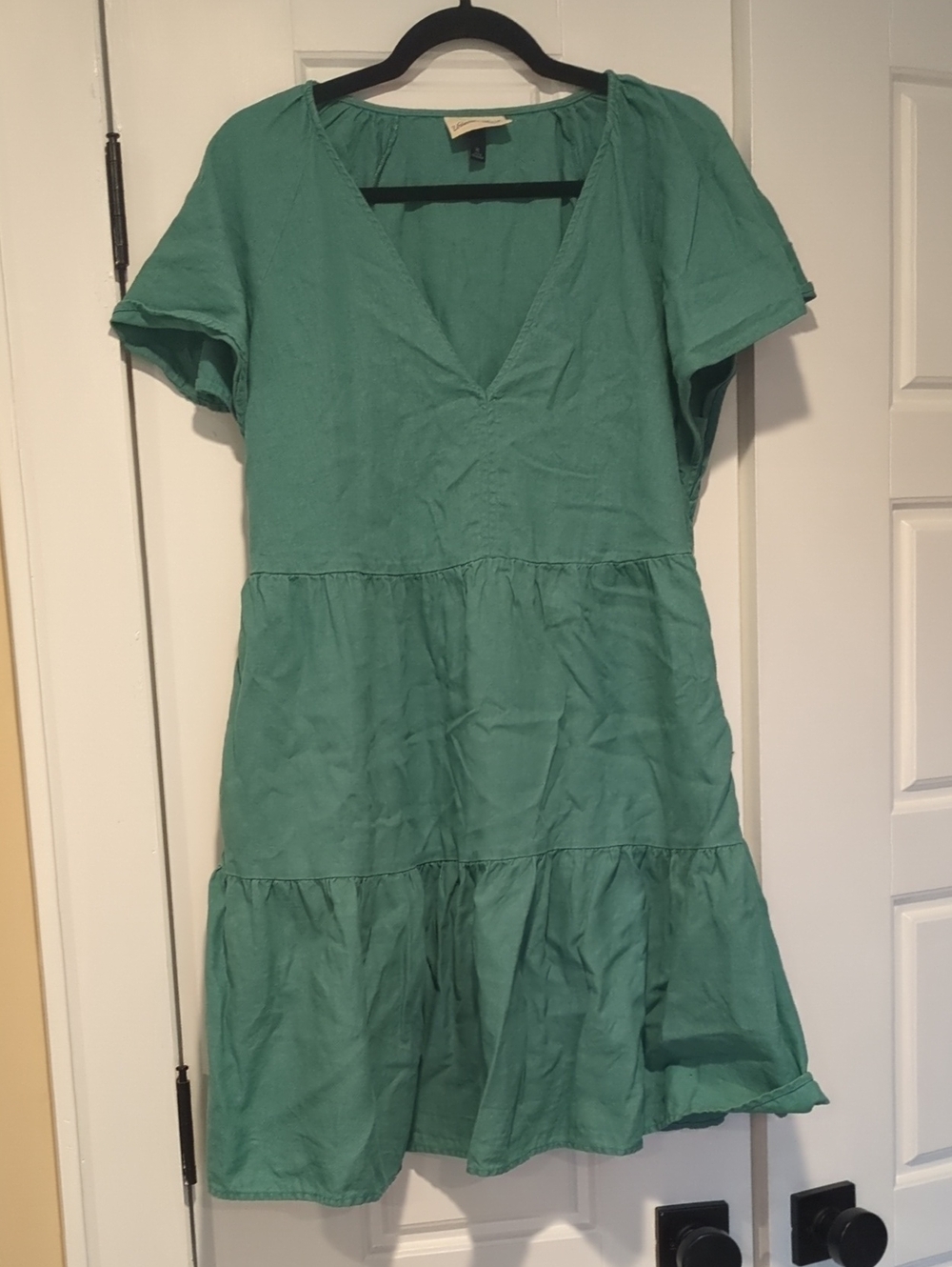 🩷 Universal Thread Teal V-Neck Tiered Linen Blend Mini Dress
